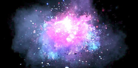 Vibrant cosmic explosion with glowing pink and blue nebula and sparkling particles in deep space.