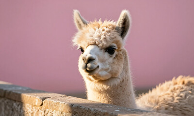 adorable llama gazes intently wall soft pink background spotlighted warm golden natural light shot