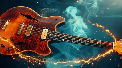 Electric guitar with golden sparkles on dark blue background