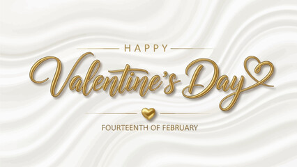Happy Valentine's Day elegant script text with decorative heart and soft flowing fabric background