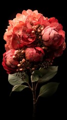 Vibrant Red Hydrangea and Peony Bouquet on Black Background.