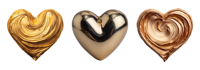 Golden and bronze metallic hearts with shiny and textured surfaces, symbolizing love and elegance in luxurious style