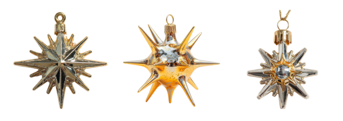 Golden star ornament shiny decoration holiday hanging festive sparkle reflective surface Christmas decor bright metallic elegant design isolated