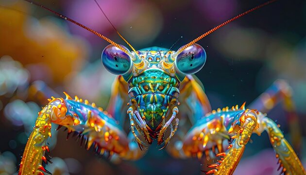 Intelligent Praying Mantis Insect with Vibrant Blue Eyes and Ornate Colorful Body Detailed Macro Shot with Blurred Background and Soft Lighting - Powered by Adobe
