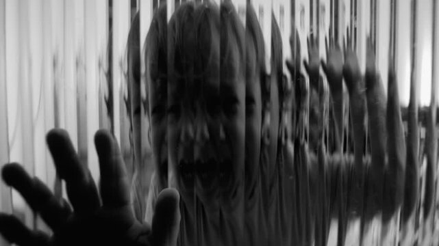 Toddler behind textured glass reaching outward in stark scene evoking childhood trauma imagery showing trapped feeling isolation fear confinement and emotional tension through distorted reflections