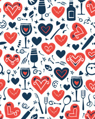 Seamless repeating pattern of red hearts and romantic symbols on white background, valentine love theme, clean vector style. 