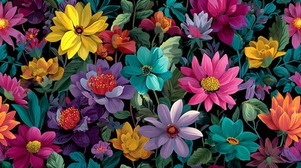 Vibrant Assortment of Colorful Flowers and Leaves on Photo Black Background floral bloom