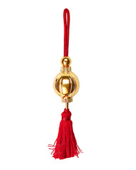 Single golden bell with red tassel, isolated on white background, commercial product, no clutter isolated on white background 