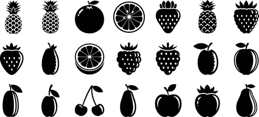 Collection of flat black fruit icons including pineapple strawberry orange cherry apple and berry symbols isolated on a white background © MD Anas