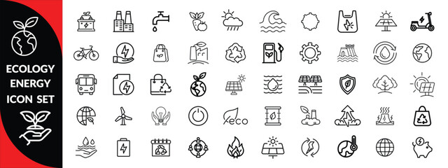 Ecology energy icon set. Containing renewable energy, ecology, green electricity, and more. Editable stroke. Ecology Big Icon Set.