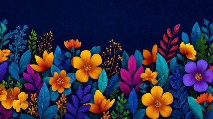 Vibrant Colorful Floral Border On Dark Blue Photo Background flowers
