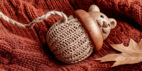 Charming Acorn Decoration on Knitted Fabric with Autumn Leaf.