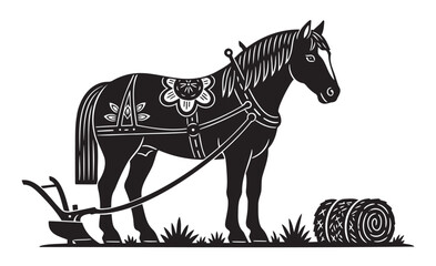 Horse with plow and hay bale silhouette — ideal for agricultural theme, farming history, rustic design and vintage farm content.

—