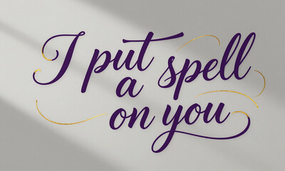 phrase put spell elegant purple script gold flourishes muted gray background