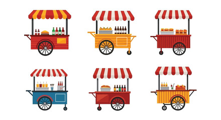 Colorful food carts with various offerings displayed in a flat vector illustration © Sumon