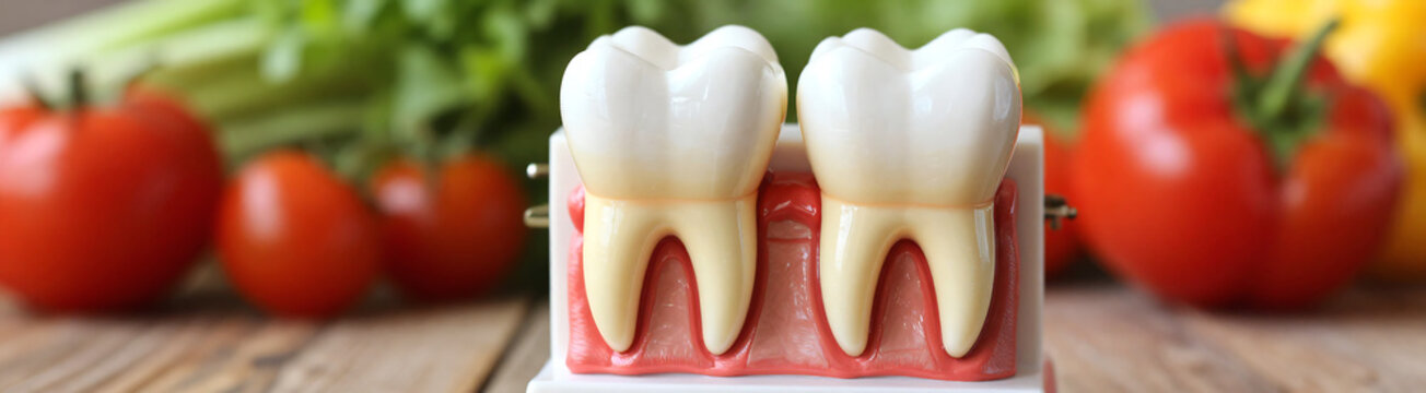 two detailed anatomical tooth models standing side side rustic wooden surface surrounded arrangement fresh