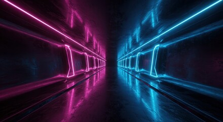 Dark futuristic tunnel illuminated with parallel lines of vibrant magenta and cyan neon lighting