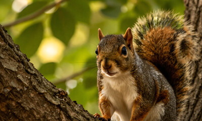 Obraz premium portrait squirrel gazing calmly nearby tree trunk amidst lush green foliage warm golden sunlight filtering