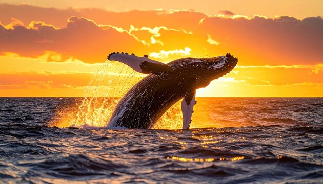 Majestic Humpback Whale breaches ocean surface at dramatic sunset with golden light and water spray - Powered by Adobe