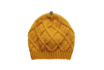 Hand-Knit Mustard Yellow Beanie with Diamond Cable Pattern Displayed Isolated on Transparent Background