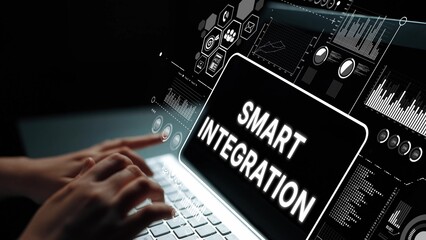 Innovative Digital Interface with ""Smart Integration"" Text on Laptop Screen Surrounded by Data Visualization Graphics and Statistics. Asymptotic smart data analytic.
