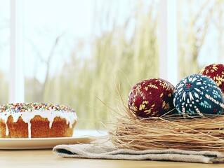 Easter table with cake and eggs