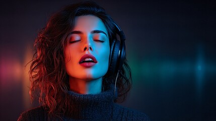 Woman wearing headphones with closed eyes listening to music with colorful neon lights on her face in a dark room with a relaxed expression feeling calm and peaceful
