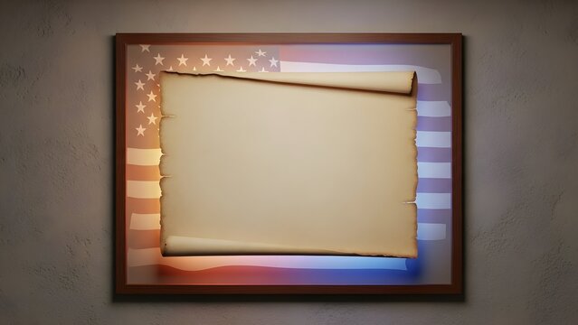 Aged parchment scroll on an american flag background within a classic wooden frame - Powered by Adobe