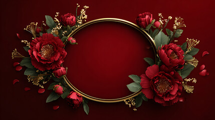 Luxury chinese background festive oriental background frame with gold circle border and red flower decoration elegant romantic greeting card design
