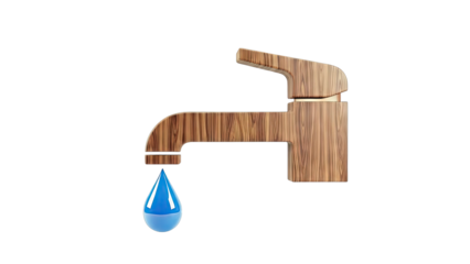 Wooden Faucet with Water Drop on White Background