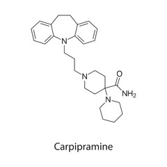 Carpipramine molecule chemical structure &ndash; tricyclic antidepressant drug with antipsychotic properties used for depression, skeletal formula on white background