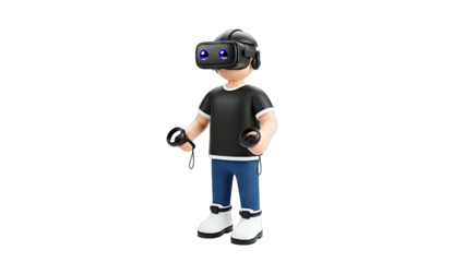 3D Character Wearing VR Headset and Holding Controllers