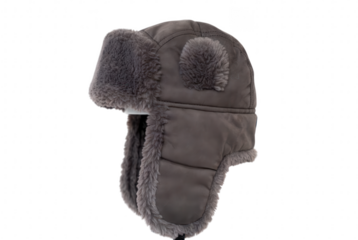 Gray Winter Trapper Hat with Faux Fur Ear Flaps Isolated on Transparent Background