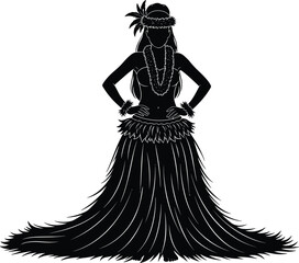 Black and white Hawaiian hula dancer silhouette, traditional Polynesian woman wearing grass skirt and lei, tropical island culture vector, exotic dance illustration. © Creative Mind