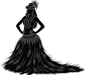 Black and white hula dancer silhouette vector illustration with traditional grass skirt and lei, Hawaiian female performer isolated on white background, tropical. © Creative Mind