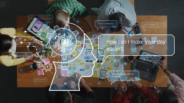 Aerial view of a collaborative workspace with diverse individuals using technology to enhance teamwork. An AI graphic symbolizes innovative support for productivity. Raster