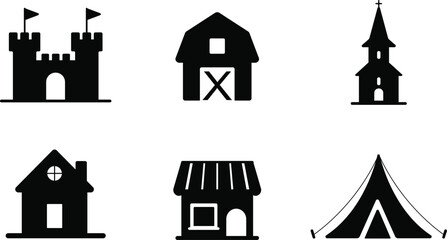A clean look silhouette of building like church, tent, home, castle, barn in minimal shape vector collection set for icon, asset, application, material