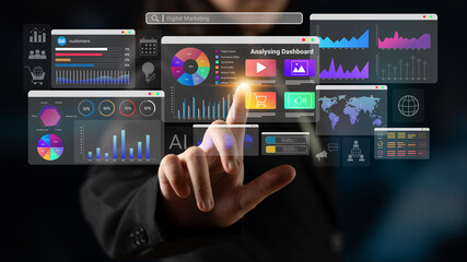 Fototapeta premium Colorful data dashboards with graphs, charts, and marketing metrics representing online campaign performance and business intelligence Parse