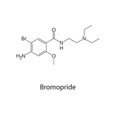 Bromopride molecule chemical structure &ndash; dopamine antagonist prokinetic drug used for gastrointestinal motility disorders, skeletal formula on white background