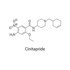 Cinitapride molecule chemical structure &ndash; serotonin and dopamine modulator prokinetic drug used for gastrointestinal disorders, skeletal formula on white background
