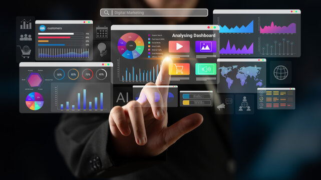 Colorful data dashboards with graphs, charts, and marketing metrics representing online campaign performance and business intelligence Parse