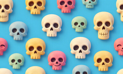 colorful set cartoon skulls smiling faces endearing expressions arranged playful whimsical pattern bright blue