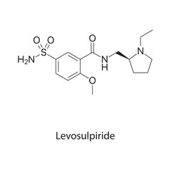 Levosulpiride molecule chemical structure &ndash; dopamine antagonist antipsychotic and prokinetic drug used for GI and psychiatric disorders, skeletal formula on white background