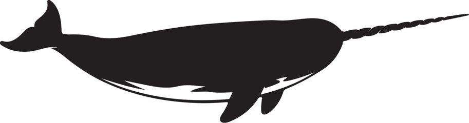 Silhouette of a Narwhal with a Long Tusk Swimming in Water also transparent background black white marine © MeJaMa