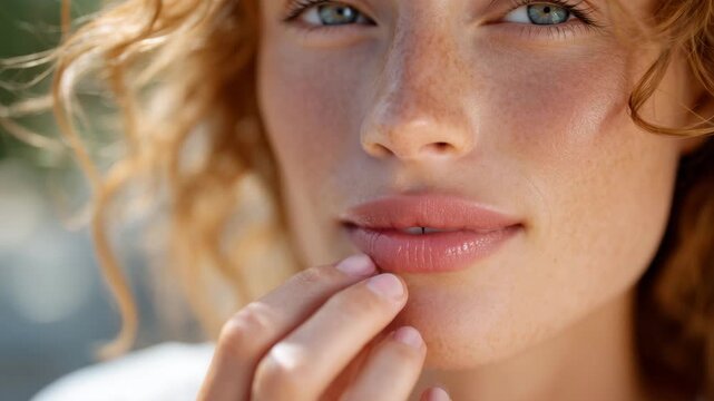 Close-up of woman applying lip balm, highlighting smooth, hydrated lips in soft morning light