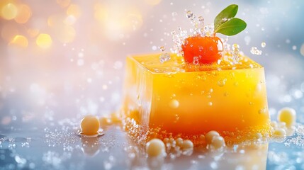 A vibrant yellow dessert captures attention with its glossy finish. Sparkling bubbles surround the delicacy, enhancing its allure. Perfect for culinary inspiration. Generative AI