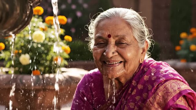 Senior Woman Receiving Holy Water Blessing With Flowers at Hindu Ceremony