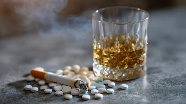 Close-up still life of scattered pills, a partially smoked cigarette, and a glass of amber alcohol arranged on a smooth gray background, dramatic shadows highlighting tension and c