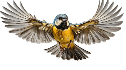 Close-up Action Shot of a Small Blue Tit Bird in Mid-Flight with Wings Spread Wide