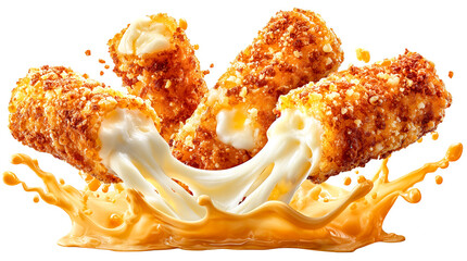 Mozzarella cheese sticks fried crispy golden crumbs gooey melt splash Delicious mozzarella cheese sticks with crispy golden crumbs, gooey melt and dynamic splash motion create appetizing, isolated